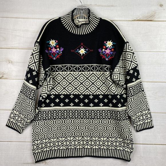 Obermeyer Sweaters - Vtg OBERMEYER Sweater Womens L Nordic Wool Blend Embroidered Floral Mock Neck